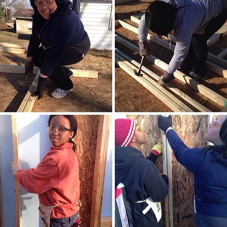 Four images of students working to build a house. 