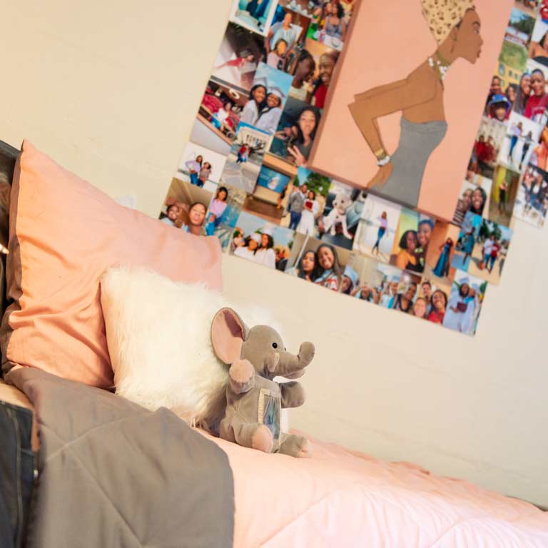 Close up of a bed with pink bedding below a poster surrounded by a collage of photographs. 